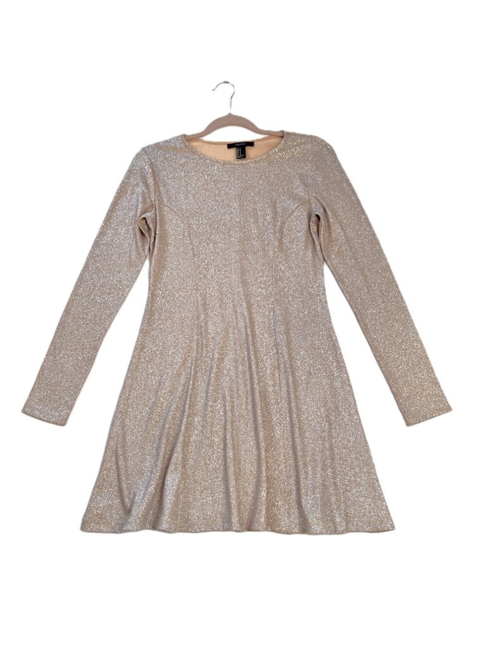 Forever 21 Peach Metallic Skater Dress Sz M Fit N Flare Long Sleeves Round Neck